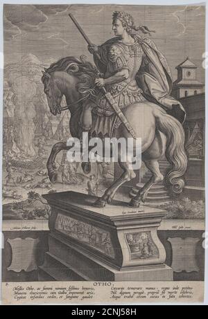 Planche 8: Statue équestre d'Otho, vue de derrière, sa scène de la mort en arrière-plan avec lui se poignardant à droite et l'incendie de son corps à gauche, de 'Empereurs romains sur l'équitation', ca. 1587-89. Banque D'Images