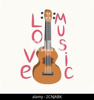 Bande dessinée ukulele avec texte lettrage pour l'été, modèle d'affiche de musique. Illustration de Vecteur