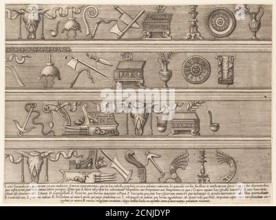 Spéculum Romanae Magnificatiae : instruments sacrificiels basés sur la Sculpture du relief antique, ca. 1550-75. Banque D'Images