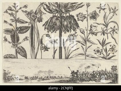 Panneau horizontal avec une rangée de fleurs au-dessus d'un Frièze avec une scène de bataille dans un paysage, du Livre Nouveau de fleurs Tres-Util, 1645. Banque D'Images