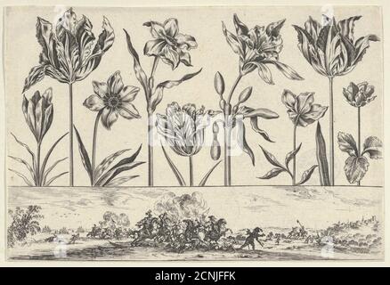 Panneau horizontal avec une rangée de fleurs au-dessus d'un Frièze avec une scène de bataille dans un paysage, du Livre Nouveau de fleurs Tres-Util, 1645. Banque D'Images