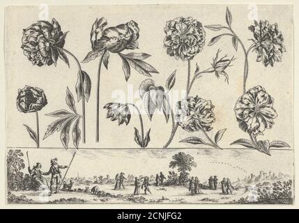 Panneau horizontal avec une rangée de fleurs au-dessus d'un Frièze avec des figures dans un paysage, de Livre Nouveau de fleurs Tres-Util, 1645. Banque D'Images