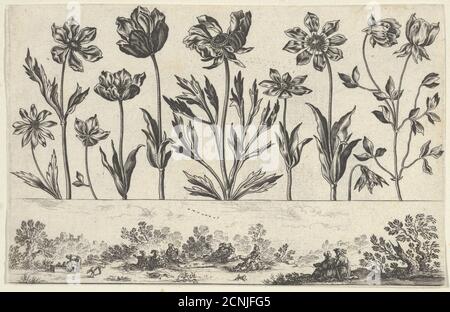 Panneau horizontal avec une rangée de fleurs au-dessus d'un Frièze avec des figures dans un paysage, de Livre Nouveau de fleurs Tres-Util, 1645. Banque D'Images