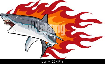 Danger requin avec des flammes pour tatouage ou mascotte design, tel un modèle de logo. Illustration de Vecteur