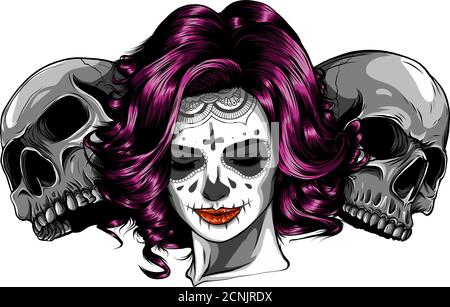 Fille morte avec deux crânes de sucre. Vecteur Illustration de Vecteur