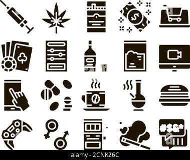 Toxicomanie mauvaises habitudes glyphe Set Vector Illustration de Vecteur