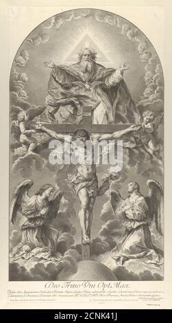 La Sainte Trinité; Christ sur la croix flanqué de deux anges, l'Esprit Saint comme colombe et Dieu dans le ciel au-dessus de la croix, une composition rectangulaire avec demi-cercle au sommet, après Reni, 1702. Banque D'Images