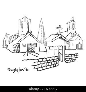 Célèbres bâtiments de Reykjavík, Islande composition. Illustration vectorielle noire et blanche dessinée à la main. Objets groupés et mobiles. Illustration de Vecteur