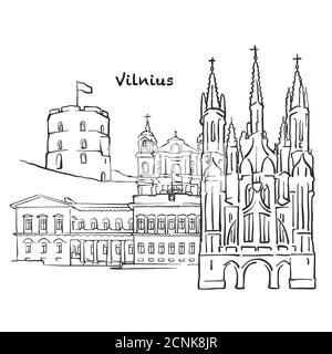 Bâtiments célèbres de Vilnius, Lituanie composition. Illustration vectorielle noire et blanche dessinée à la main. Objets groupés et mobiles. Illustration de Vecteur