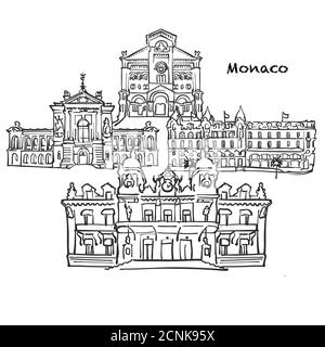 Célèbres bâtiments de Monaco, Monaco composition. Illustration vectorielle noire et blanche dessinée à la main. Objets groupés et mobiles. Illustration de Vecteur