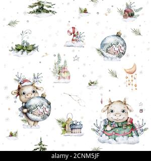 Joli motif sans couture motif en forme de crachoir en chapeau de père Noël avec jouet. Illustration de noël aquarelle dessinée à la main. Clip art pour pépinière Banque D'Images