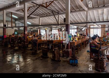 26 août 2019 : groupe d'ouvriers fait rouler des cigares dans une usine. Trinité-et-Cuba Banque D'Images