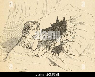 . Contes de fees . grandesjambes! — CEST pour mieux courir, mon enfant. — Ma mère-grand, que vous avez de grandesorilles! — CEST pour mieux écouter, mon enfant. — Ma mère-grand, que vous avez de grands-syeux!  CEST pour mieux voir, mon enfant. — Ma mère-grand, que vous avez de grandesdents! — CEST pour mieux te manger. » Et, en disant ces mots, le chant Loup se jetasur le petit Chaperon Rouge et le mangea. MORALITE. On a ici que les jeunes enfants enfants enfants, Surtout de jeunes filles, bien faits et gentilles, font très mal déjà sorti de gena^et que ce nid n'a pas choisi l'étrangeSil en est Banque D'Images