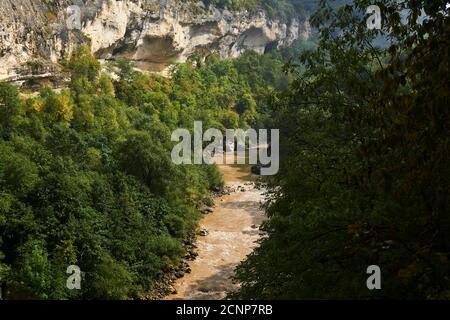 canyon rocheux avec une rivière de montagne boueuse au fond parmi la forêt d'automne Banque D'Images