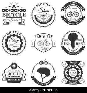 Ensemble vectoriel d'étiquettes d'atelier de réparation de bicyclettes et d'éléments de design dans un style noir et blanc vintage. Logo de vélo Illustration de Vecteur