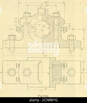 . Le chemin de fer et le tourillon . rainurés lorsque l'arbre est placé dans le socle. L'étudiant doit dessiner les trois vues représentées par les figures 198, 199 et 200 demi-taille. Ce faisant, il doit d'abord tracer une ligne centrale horizontale CD et une ligne centrale verticale E F, Bothof qui passera par le centre O de l'arbre principal.puis de l'intersection O de ces deux lignes comme un centre,dessiner un cercle d'un diamètre égal à celui du tourillon de la laft, qui dans ce cas dans 4I dans. Ensuite, tracez la ligne horizontale G //la distance requise sous le centre O, en l'espace de 5 po. Tracer verticalement Banque D'Images