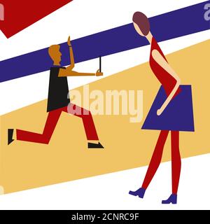 Illustration vectorielle style cubisme femme et homme. Homme courir et prendre selfie. Femme le regarde. Mélangez les styles moderne, cubisme et futurisme Illustration de Vecteur