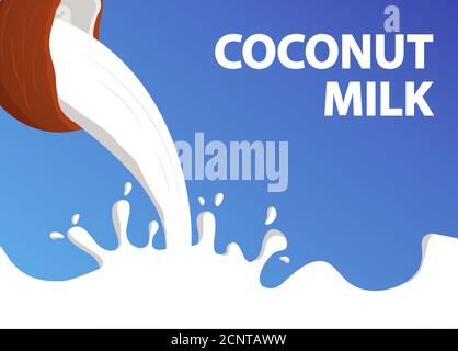 Noix de coco dans une éclaboussure de lait sur fond bleu. Nourriture et boisson végétaliennes non laitières. Illustration de Vecteur
