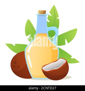 Huile de noix de coco en bouteille de verre.noix de coco entières et cassées noix avec feuilles de paume avant. Illustration de Vecteur