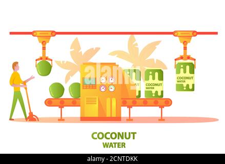 Tapis roulant usine de l'eau de coco verte boire l'embouteillage dans la boîte en aluminium. Illustration de Vecteur