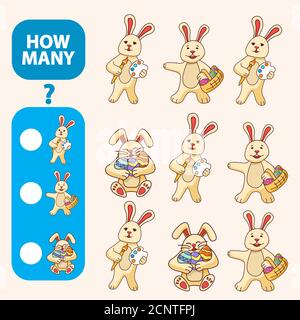 Comptez combien de lapins est un jeu éducatif. Développement de tâches mathématiques de la pensée logique des enfants. Illustration de Vecteur