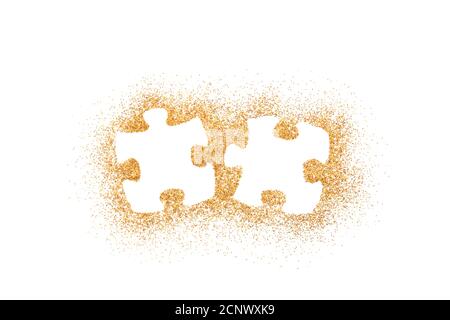 Paire de deux pièces de puzzle assorties sur paillettes dorées isolées sur fond blanc Banque D'Images