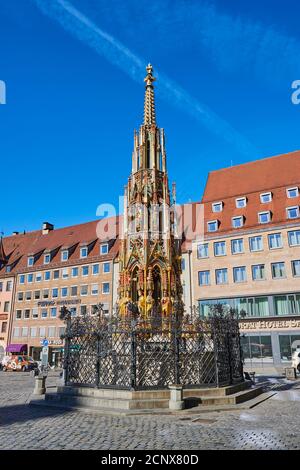 Schöne Brunnen, Hauptmarkt, Christkindlesmarkt, Nuremberg, moyenne-Franconie, Franconie, Bavière, Allemagne, Europe Banque D'Images