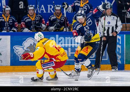 Jan Kovar # 43 (EV Zug) laisse # 14 Noah Delemont (Biel) debout pendant la préparation de la Ligue nationale de hockey sur glace entre EV Zug et EHC Biel-Bienne le 18 septembre 2020 dans le Bossard Arena à Zug. Crédit: SPP Sport presse photo. /Alamy Live News Banque D'Images