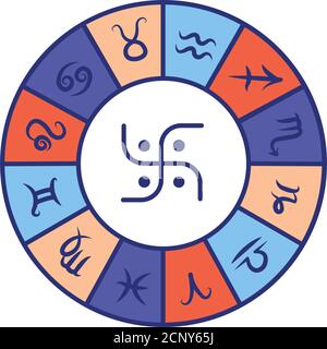 Icône de ligne de couleur de roue d'astrologie. Roue de tous les signes du zodiaque. Astrologie et horoscope. Prédictions et caractère humain. Tous les éléments. INTERFACE UTILISATEUR GRAPHIQUE UTILISATEUR UX Illustration de Vecteur