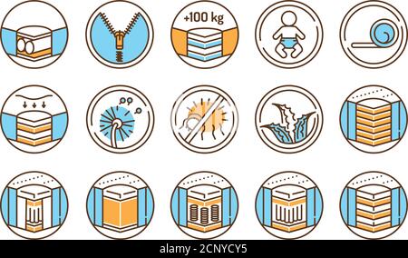 Les icônes linéaires du matelas définissent l'icône de ligne de couleur. Différents types de matelas. Pictogramme pour page Web, application mobile, Promo. Élément de conception UI UX GUI Illustration de Vecteur