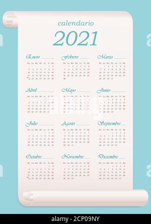 Modèle de calendrier mural 2021 en espagnol. Les dimanches et samedis sont surlignés en rouge. Modèle vectoriel modifiable. Affiche verticale, bannière, Web. Illustration de Vecteur