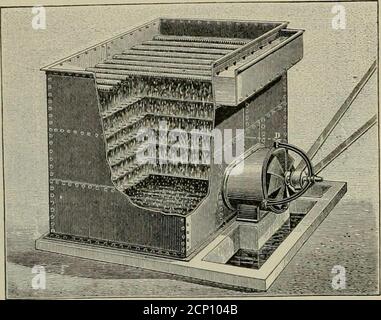 . La revue de chemin de fer de rue. Eau de condensation de refroidissement. L'illustration de la nature montre très clairement l'appareil de refroidissement de l'eau de condensation pour la réutilisation, designedby Chalsgny & Co., qui a rencontré beaucoup de faveur en France et est installé dans un certain nombre de stations d'éclairage et plusieurs des arsenaux gouvernementaux. L'appareil est équipé d'une grande boîte en acier remplie de plateaux perforés des gaz. REFROIDISSEUR POUR l'EAU de CUNIJliNSlNG ce deparmenentis a consacré à la construction et à l'exploitation de maisons électriques de chemin de fer. La correspondance des hommes pratiques est spécialement invitée. Les deux utilisateurs Banque D'Images