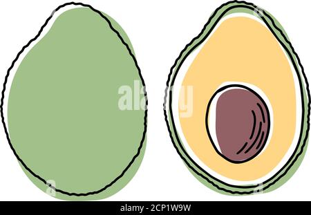 Illustration vectorielle à la main pour la coupe d'avocat. Fruit d'été tropical de style gravé. Schéma alimentaire détaillé. Idéal pour l'impression d'étiquettes, d'affiches et d'imprimés. Illustration de Vecteur