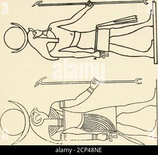 . Un guide des troisième et quatrième salles égyptiennes : antiquites prédynastiques, oiseaux et animaux momiés, statues de portraits, figures de dieux, outils, instruments et armes, scarabs, amulettes, bijoux, et autres objets liés aux rites funéraires des anciens Egyptiens . f Ra, le Soleil-dieu. Le nom Amen signifie caché, et il semble être la personnificationdu principe génératif invisible, omniprésent, qui s'est rendu visible dans les grands opérativeplovers de la nature. Son homologue féminin était Mut, whois représenté sous la forme d'une femme, et peut être regardedas le typ Banque D'Images