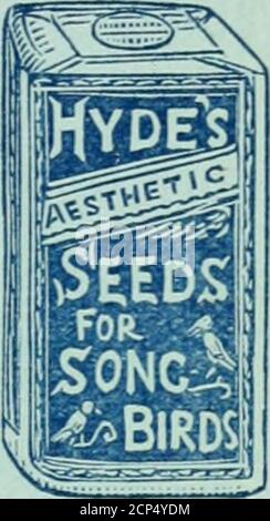 . Notes d'oiseau . Nourriture HYDESPARROT pour les espèces de PERROQUETS .AIACCAWS, PARRAKEETS et Aix. HYDES NATURALFOOD POUR OISEAUX ET POISSONS. Beaucoup raillé par les requins, les Thrushes, les oiseaux noirs, les étoiles, et toutes sortes d'oiseaux enivores de l'INSEC. Exemple de boîte, ID Vendu en paquets par tous les vSellers de Bird Seed, et Wholesale of R. HYDE & CO., Ltd., SPÉCIALISTES DE LA NOURRITURE POUR OISEAUX. Harold Street, Camberwell, Londres, Banque D'Images