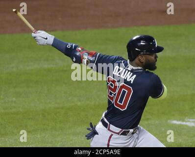 Queens, États-Unis. 18 septembre 2020. Atlanta Braves Marcell Ozuna atteint un single RBI dans le premier repas contre les mets de New York à Citi Field le vendredi 18 septembre 2020 à New York. Photo de John Angelillo/UPI crédit: UPI/Alay Live News Banque D'Images