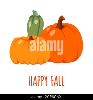 Bonne chute. Carte postale colorée avec gourde. Carte de vœux avec citrouilles dessinées orange et vert d'automne.bannière ou affiche modèle pour Thanksgiving ou Halloween célébration. Illustration vectorielle Illustration de Vecteur