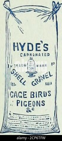 . Notes d'oiseau . HYDES SPÉCIALITÉS DE NOURRITURE D'OISEAUX. GRAIN TONIQUE HYDES PATENTIRON. Incorporé avec leur ShellGravel pour cage Birds.vendu dans des sacs Calico. HYDES ESTHÉTIQUE SEEDSFOR CHANT OISEAUX. NOURRITURE HYDESPARROT. Banque D'Images