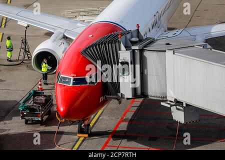 Düsseldorf, Rhénanie-du-Nord-Westphalie, Allemagne - avion-navette aérienne norvégienne stationné à la porte, aéroport international de Düsseldorf, DUS Banque D'Images