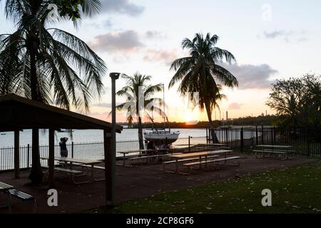 Silhouettes de palmiers au coucher du soleil au Boat Club, Nhulunbuy, East Arnhem Land, territoire du Nord, territoire du Nord, Australie Banque D'Images
