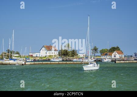 Port sur l'île pilote Schleimünde entre le Schlei et la mer Baltique, près de Maasholm, Schleswig-Holstein, Allemagne Banque D'Images