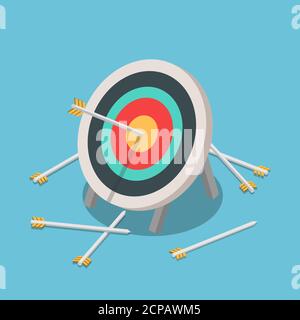 Plat 3d isométrique une des nombreuses flèches frappant sur le centre de la cible. Réussite commerciale et concept de concurrence. Illustration de Vecteur