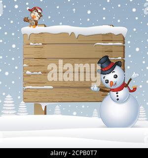 Bonhomme de neige avec un hibou et un panneau en bois enneigé Illustration de Vecteur