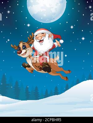 Joyeux Père noël à cheval sur un renne dans la nuit Illustration de Vecteur