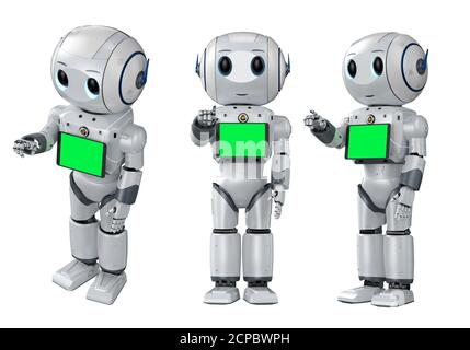 ensemble de rendu 3d de robots mignons d'intelligence artificielle point de doigt avec tablette à écran vierge Banque D'Images