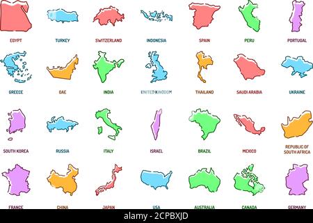 Pays icônes de ligne de couleur définies. Différents pays du monde de tous les continents. Pictogramme pour page Web, application mobile, Promo. Élément de conception UI UX GUI Illustration de Vecteur