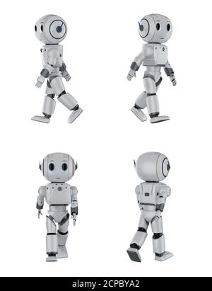 ensemble de rendu 3d de mignons robots d'intelligence artificielle de marche quatre angles Banque D'Images