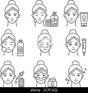 Ensemble d'icônes de la ligne noire des soins de la peau. Visage de femme avec différentes procédures faciales: Leansing, tonification, hydratant. Pictogramme pour page Web, application mobile Illustration de Vecteur