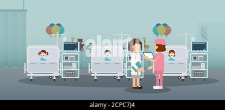 Salle de pédiatrie avec le médecin et les patients illustration de vecteur de conception plate Illustration de Vecteur