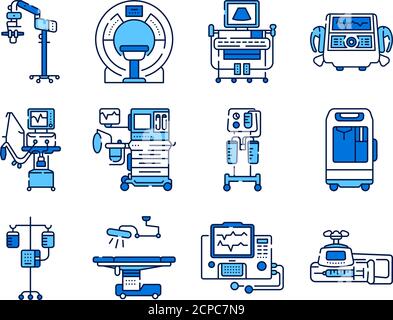 Jeu d'icônes de couleur de ligne pour appareils médicaux. IRM, appareil d'anesthésie, pompe à seringue, compte-gouttes, défibrillateur, panneaux pour la page Web, application mobile. Illustration de Vecteur